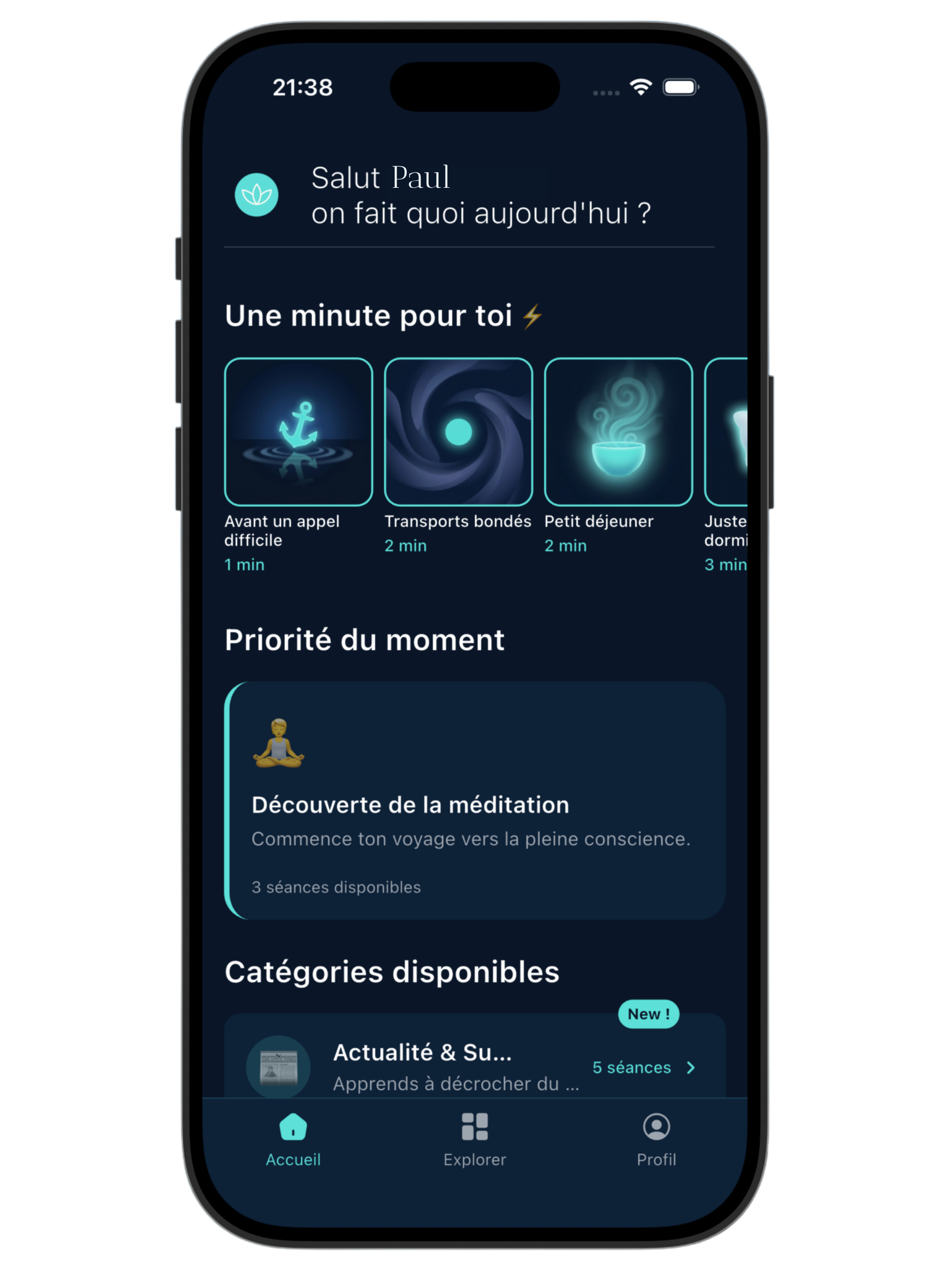 L'application Quieto affichée sur un iPhone